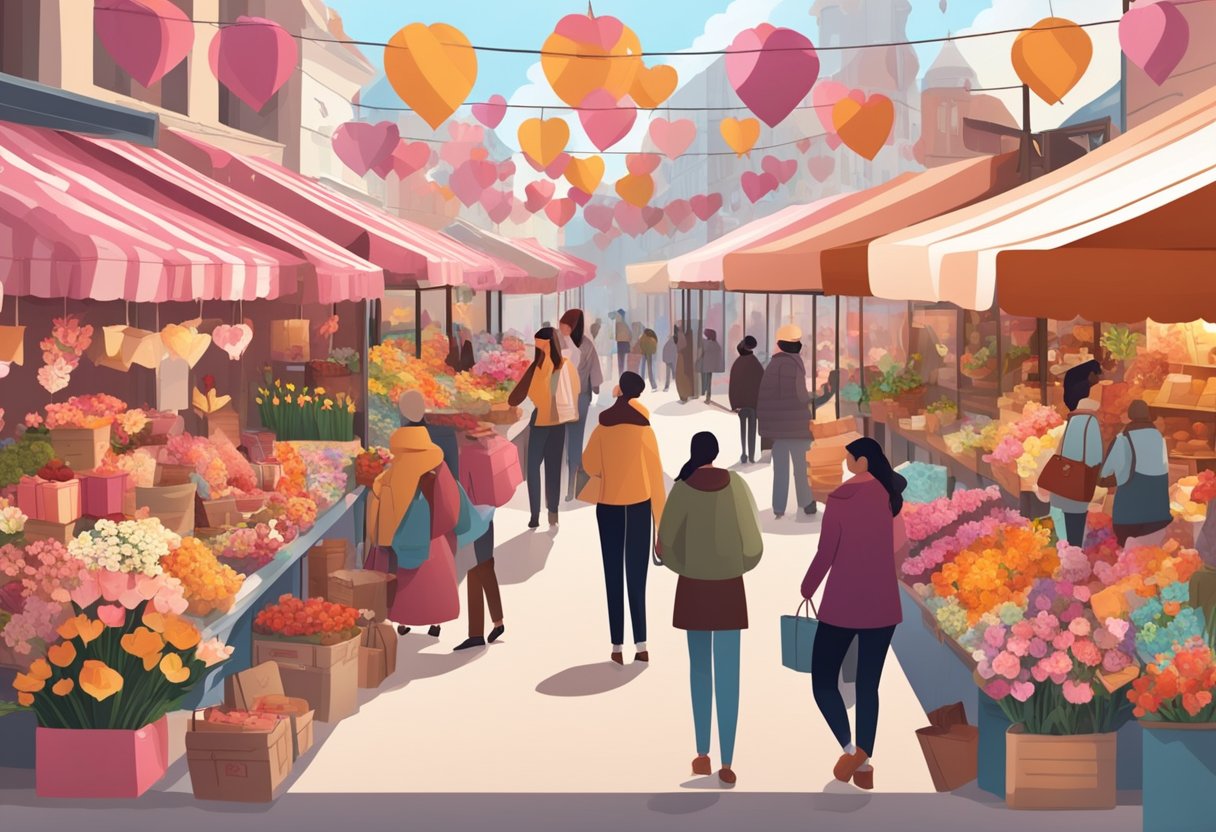 A bustling market with vendors selling flowers, chocolates, and gifts. Customers browse and purchase Valentine's Day merchandise. The atmosphere is festive and romantic