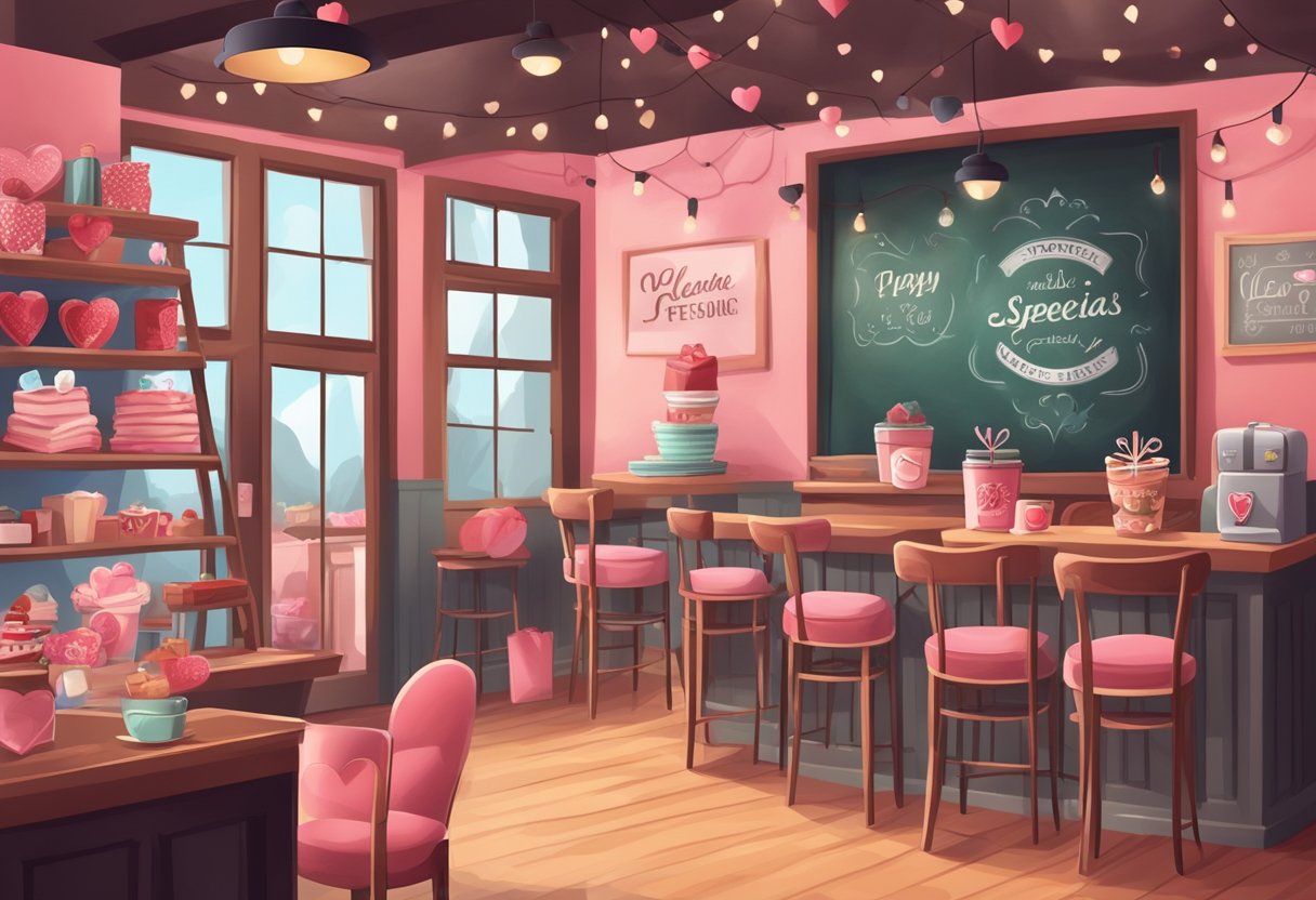 A cozy coffee shop with heart-shaped decorations, a display of romantic gifts, and a chalkboard sign advertising Valentine's Day specials