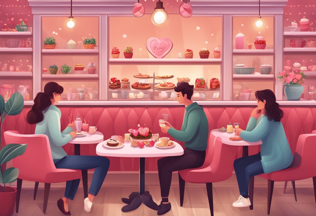 A cozy cafe with heart-shaped decorations, couples enjoying romantic meals, and a display of Valentine's Day themed products