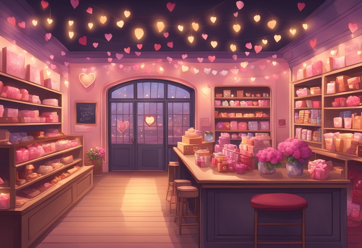 A cozy, dimly lit store with heart-shaped decorations, soft music, and a display of Valentine's Day-themed products