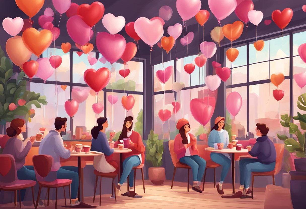 A cozy coffee shop decorated with heart-shaped balloons and Valentine's Day-themed banners, with customers enjoying special treats and engaging activities