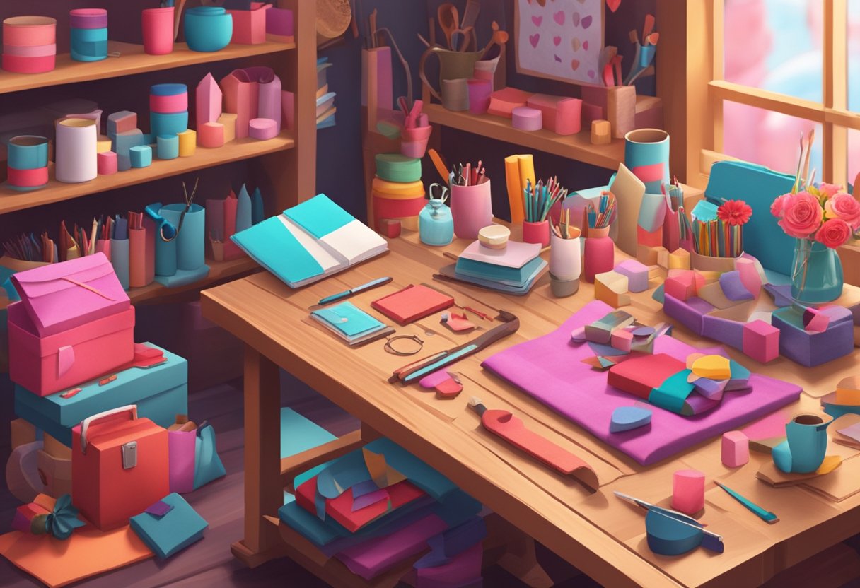 A cozy workshop filled with colorful materials and tools, with a table displaying unique handmade Valentine's Day gifts