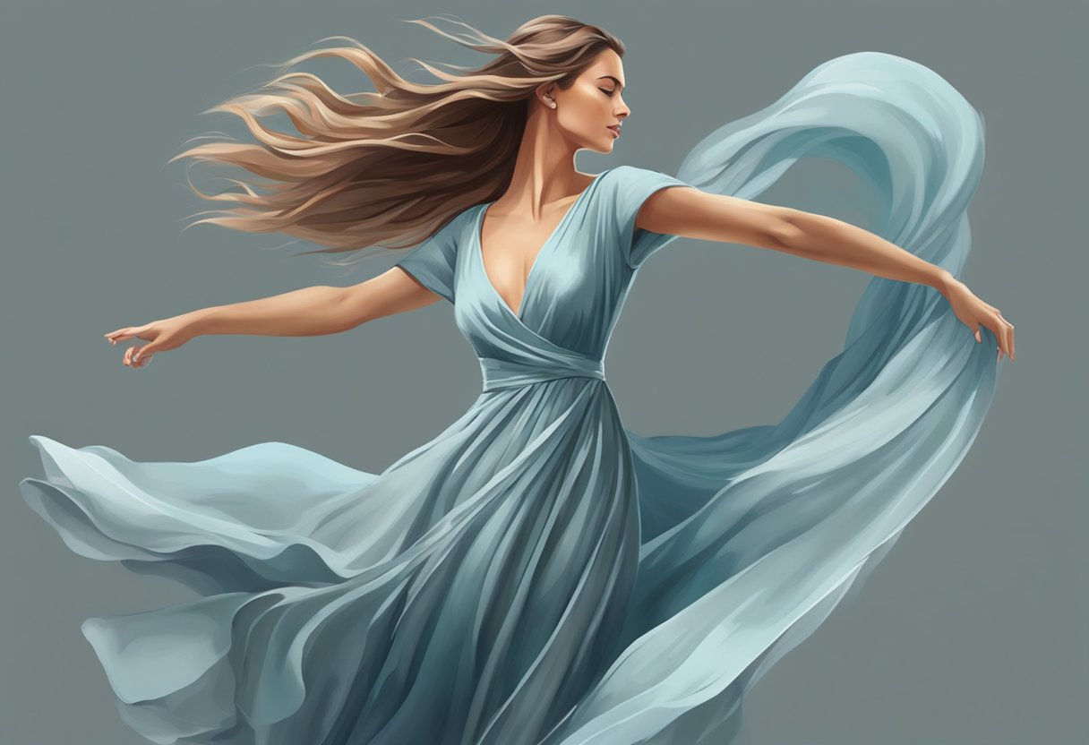 A woman wearing a flowing viscose dress stands in a gentle breeze, with the fabric swaying and billowing around her