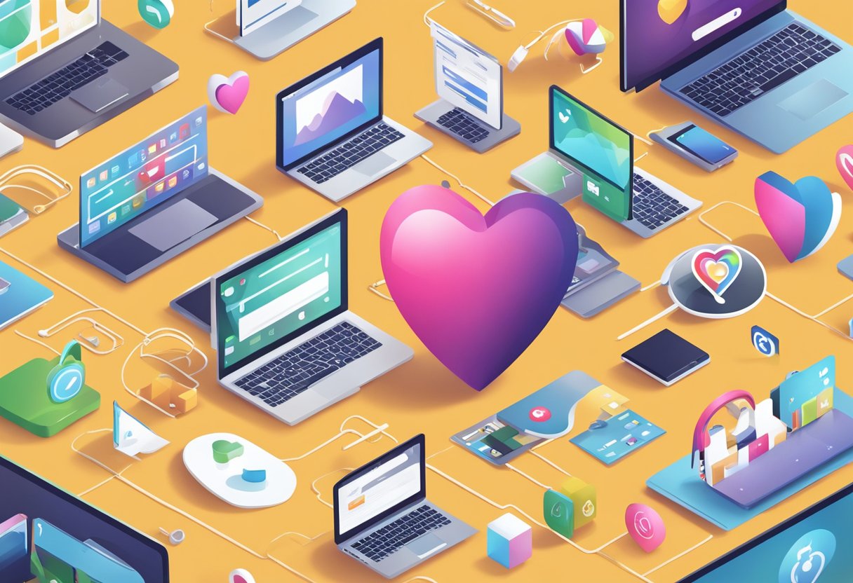 A heart-shaped logo floats above a laptop surrounded by social media icons and festive decorations