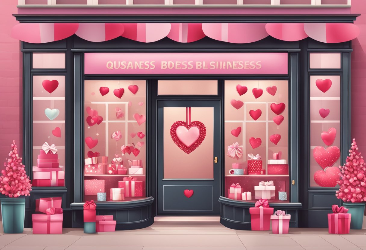 A festive Valentine's Day storefront display with heart-shaped decorations, romantic gift items, and a sign featuring frequently asked questions about business ideas for the holiday