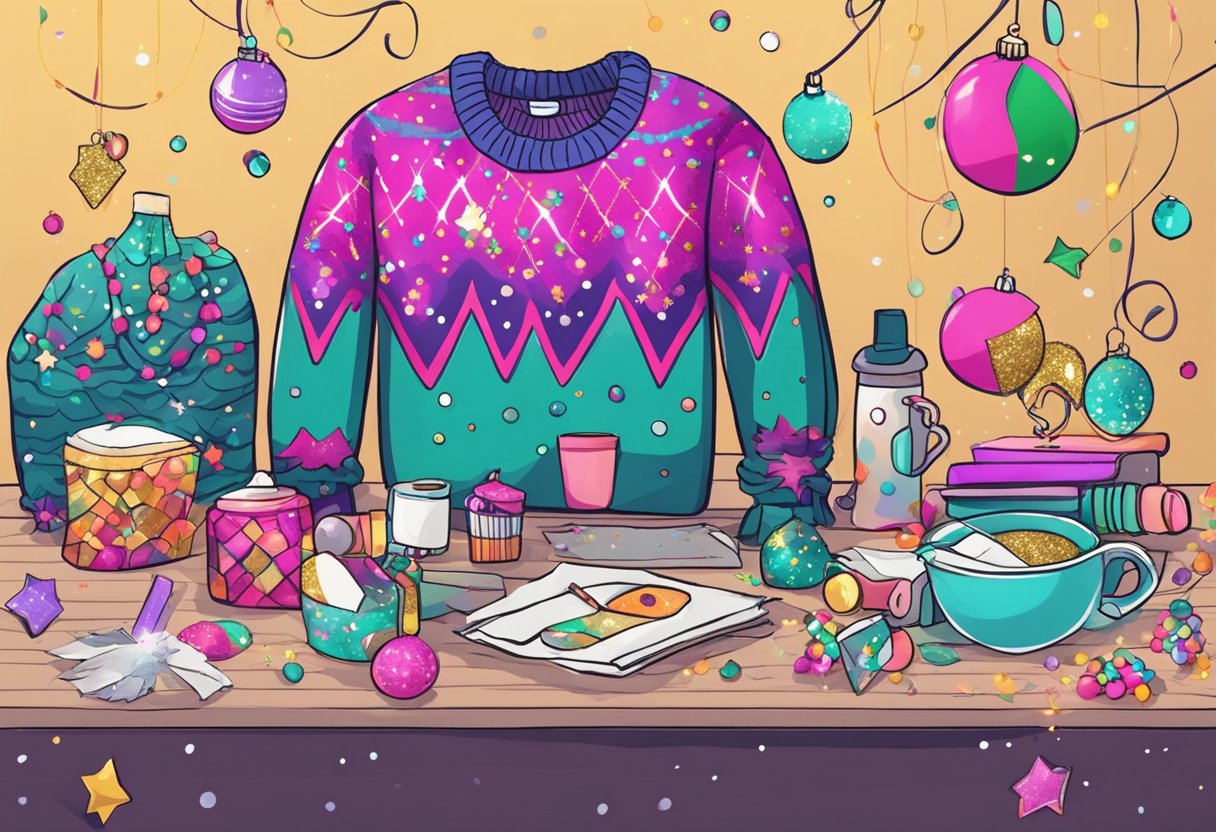 A messy table with glue, glitter, and mismatched decorations. A sweater being covered in tacky ornaments and garish colors