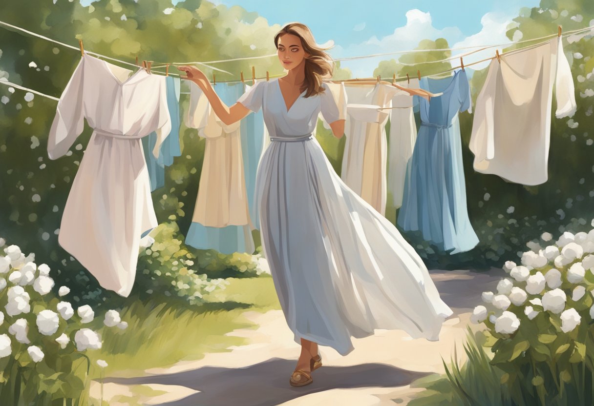 A woman in a flowing viscose dress walks through a sunny garden, surrounded by cotton, polyester, and silk fabrics hanging on clotheslines