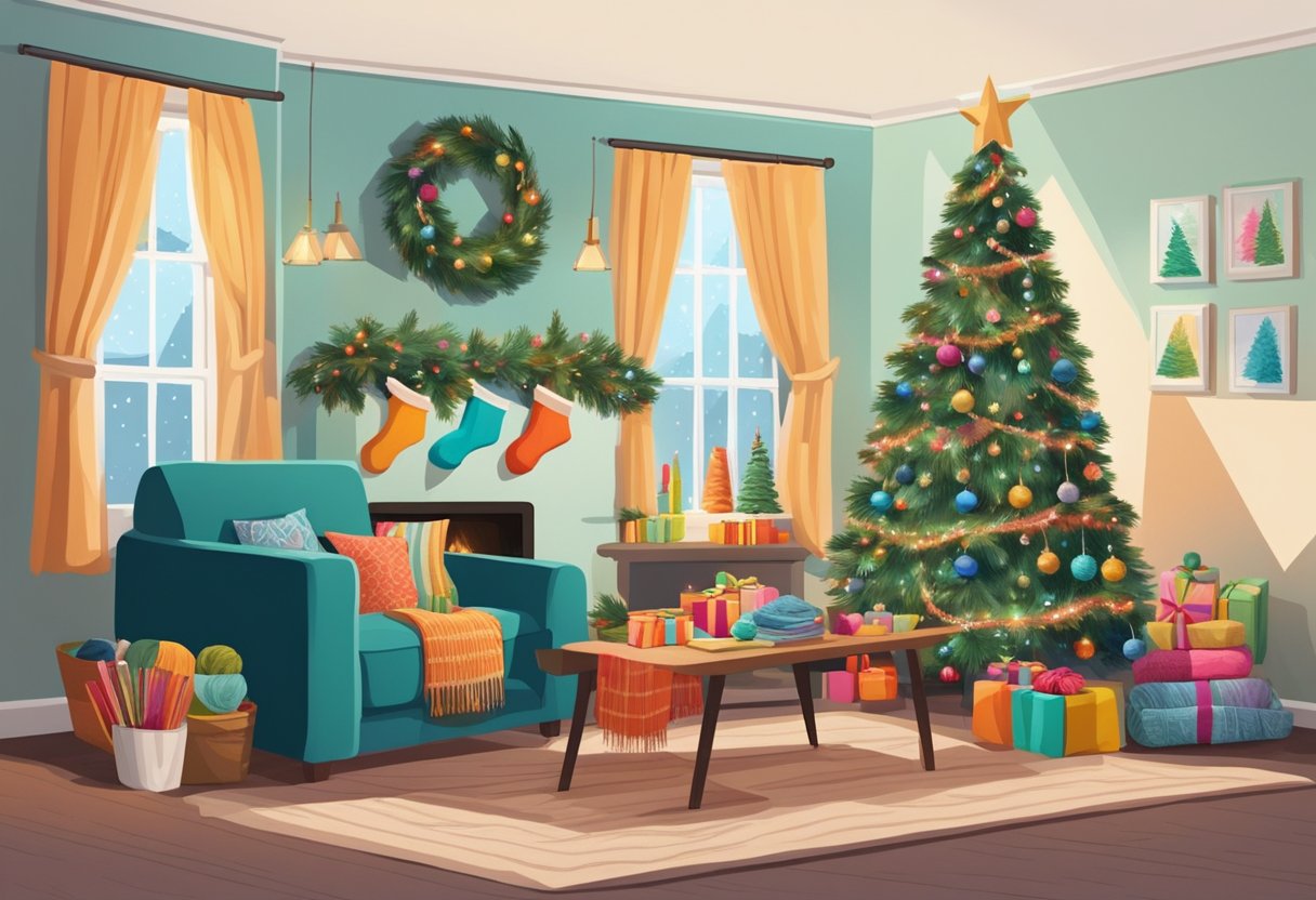 A cozy living room with a table covered in colorful yarn, fabric, and crafting supplies. A festive Christmas tree in the corner adds to the holiday atmosphere