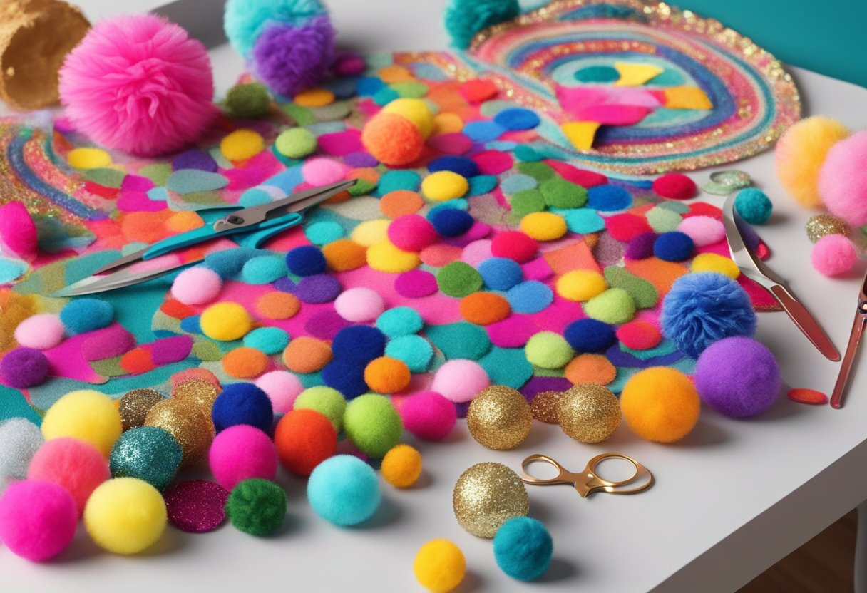 A table covered with colorful fabric, glue, sequins, and pom poms. Scissors, felt, and a hot glue gun lay ready for use