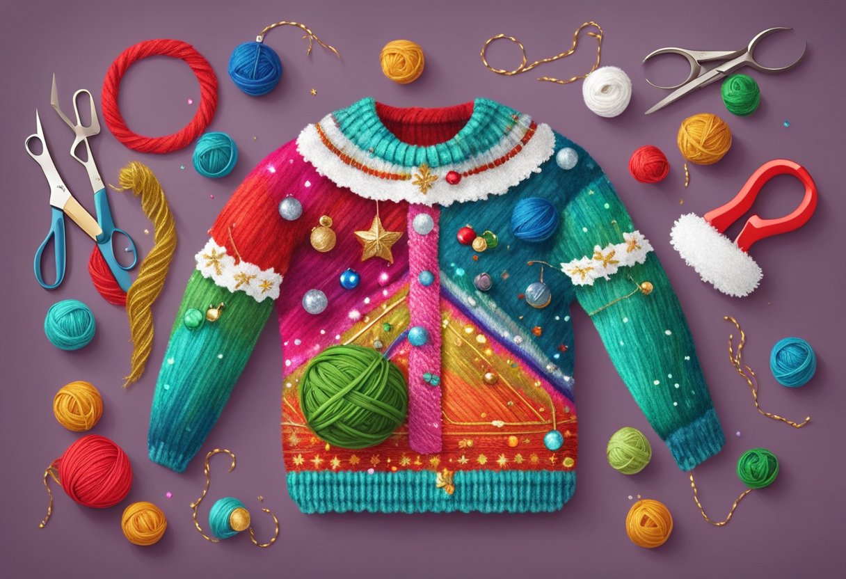 A table covered in colorful yarn, felt, and glue. Scissors, sequins, and jingle bells scattered about. A finished ugly Christmas sweater displayed proudly