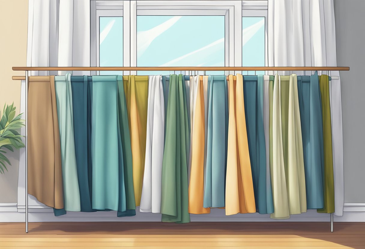 A stack of neatly folded viscose fabric sits on a shelf, with a gentle breeze flowing through an open window, indicating breathability