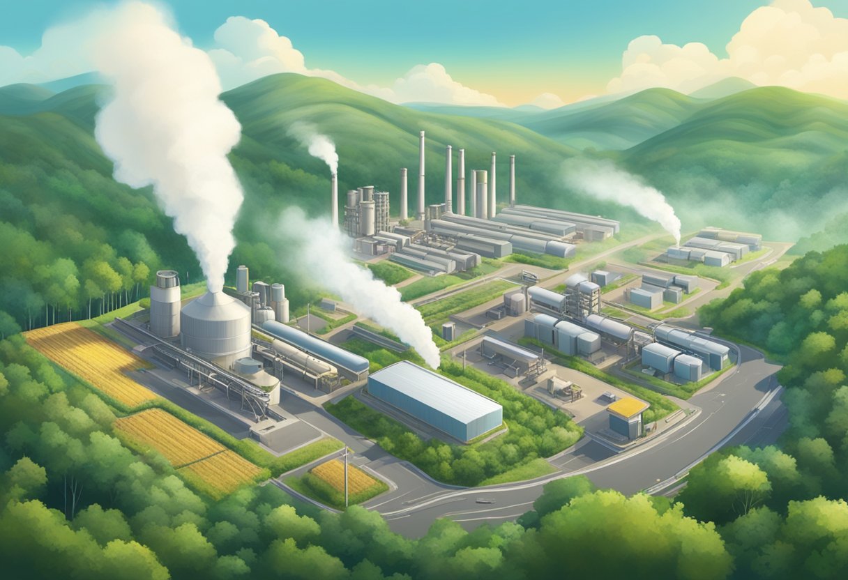 A bustling global market with viscose production facilities emitting steam, surrounded by lush forests and clear skies