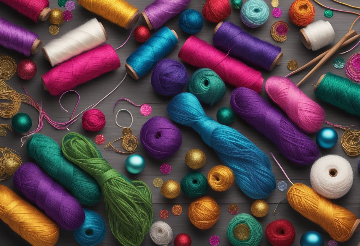 A table strewn with colorful yarn, glitter, and jingle bells. A hot glue gun sits next to a pile of felt and sequins