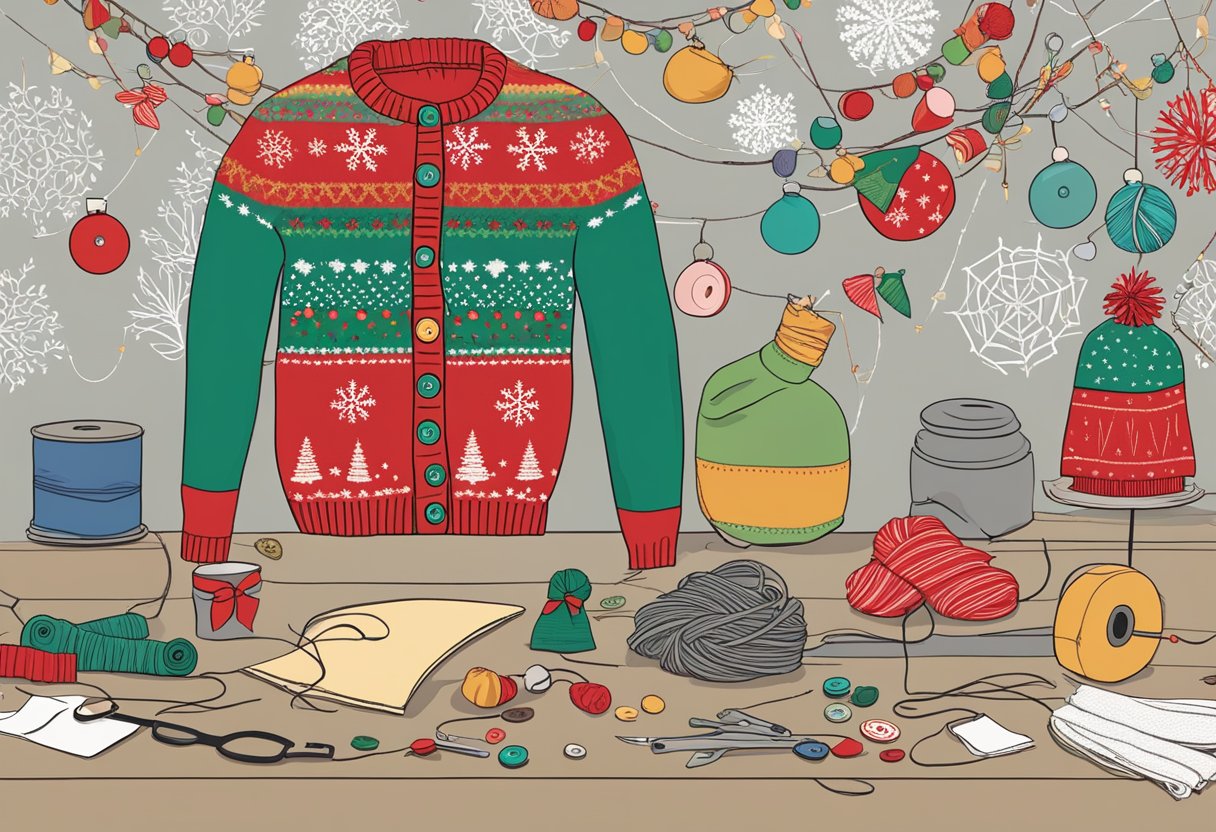 A cluttered craft table with tangled yarn, mismatched buttons, and festive fabric scraps scattered around. A half-finished ugly Christmas sweater hangs from a mannequin