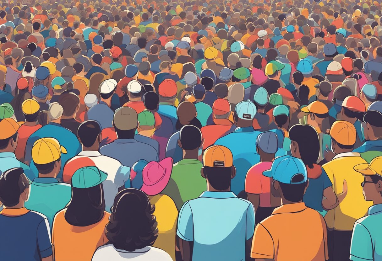 A crowd wearing colorful political shirts at a rally