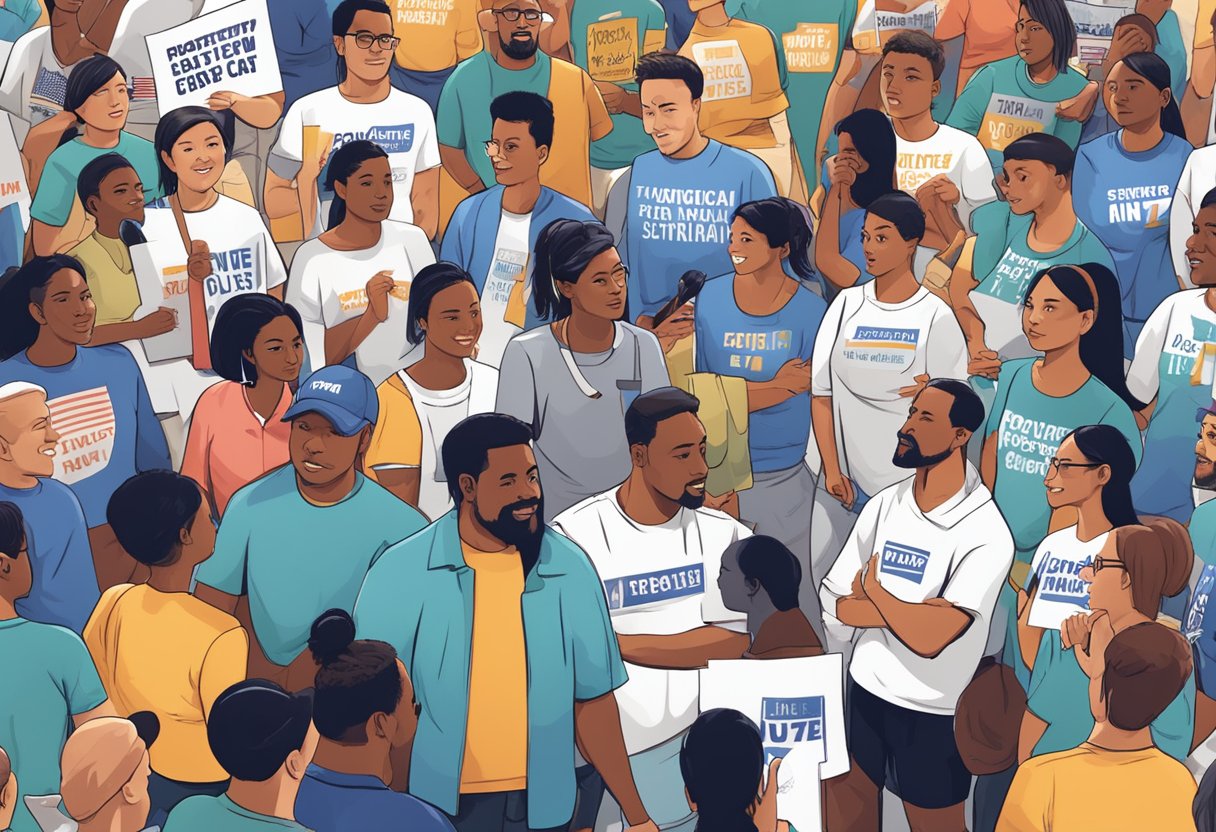 A diverse group of people wearing political shirts gather in a public square, holding signs and engaging in lively discussions