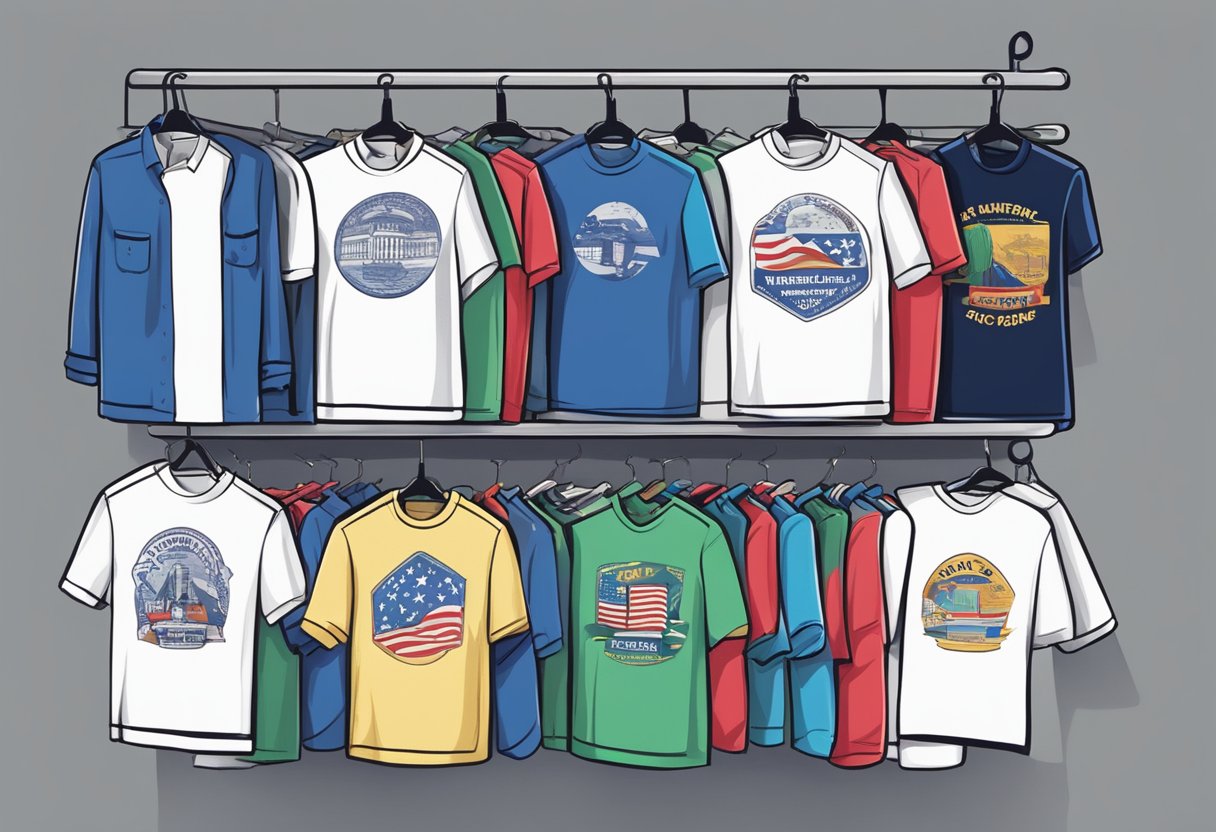 A colorful array of political shirts displayed on a clothing rack, with various slogans and designs