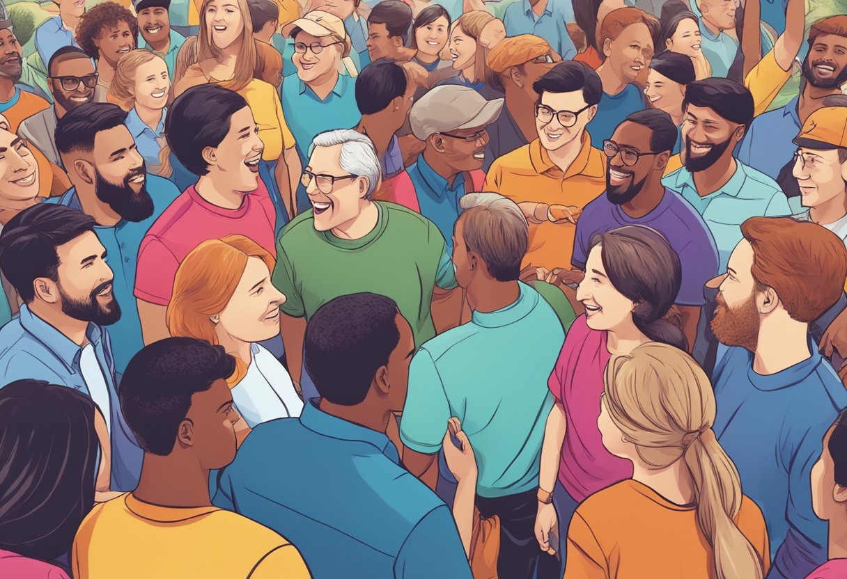 A group of people wearing colorful political shirts engage in lively conversations at a crowded outdoor event