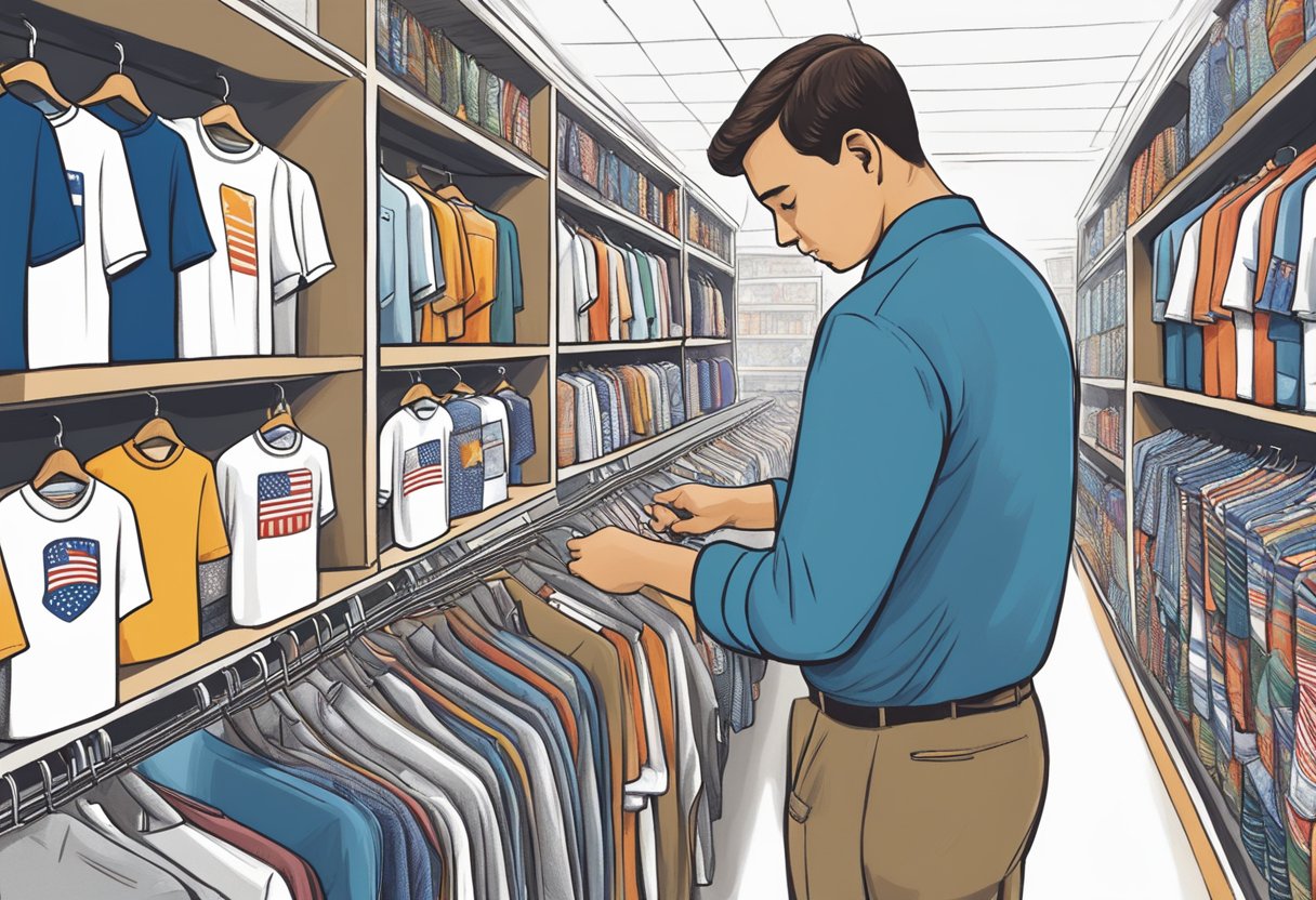 A person browsing through a rack of political shirts, carefully examining the materials and designs