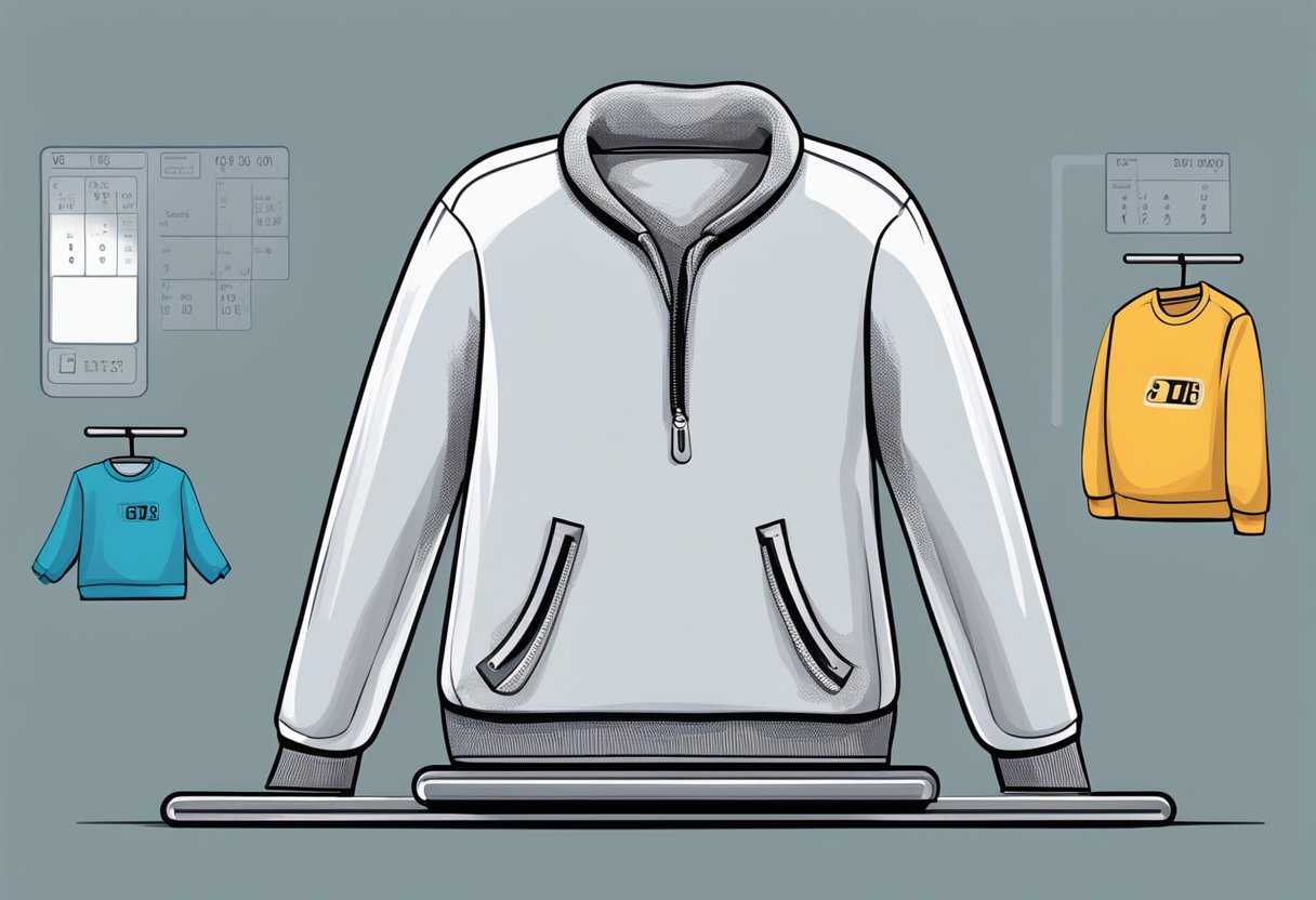 A sweatshirt lies on a scale, showing its weight in numbers