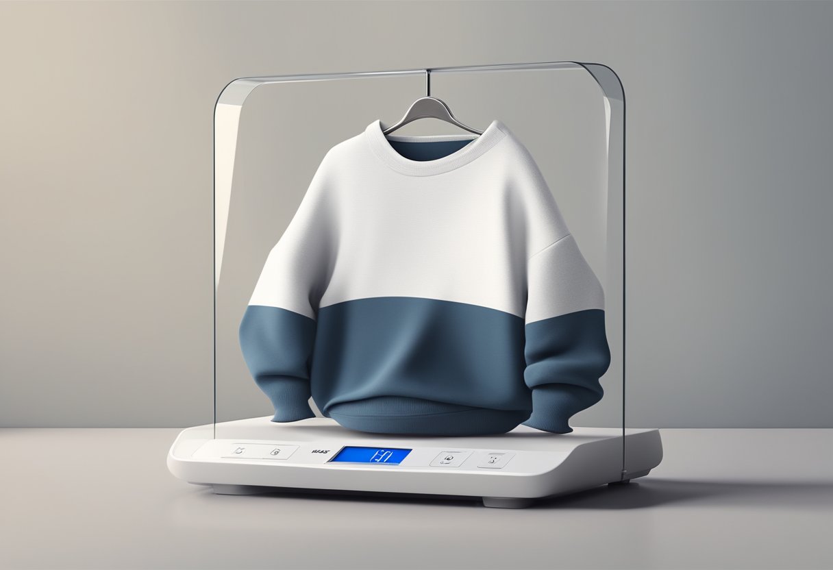 A digital scale displaying the weight of a sweatshirt in a minimalist, modern setting with natural lighting