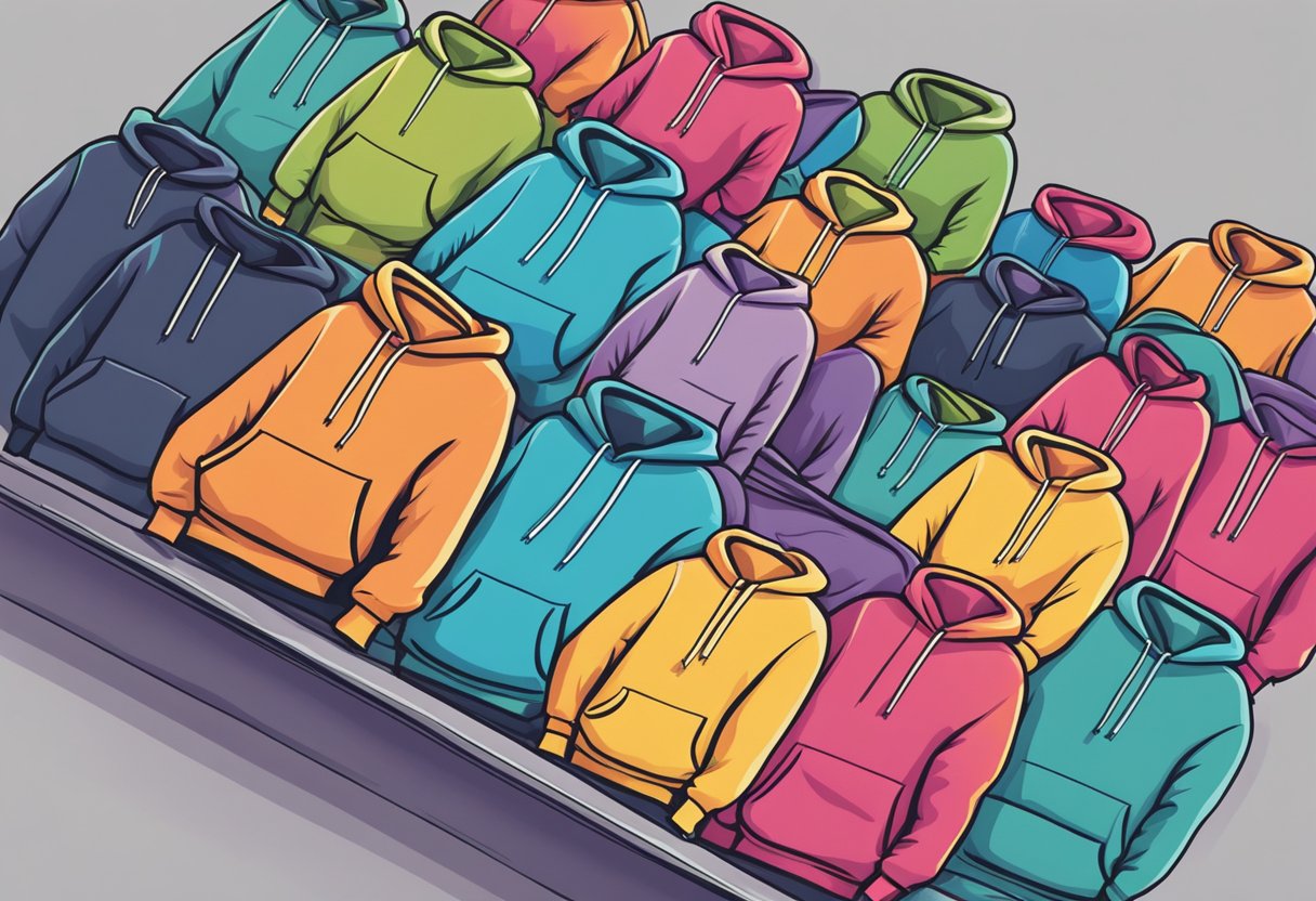 A stack of colorful hoodies, varying in size and style, resting on a scale