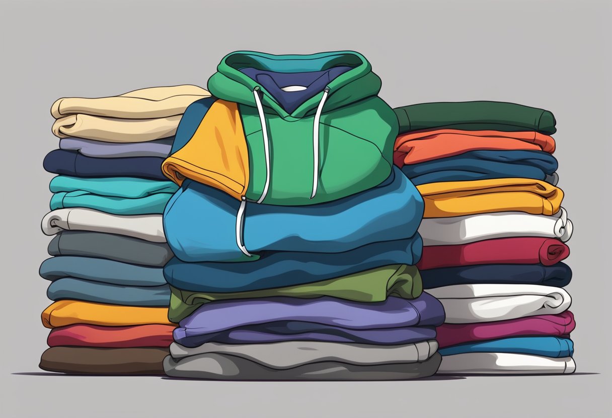 A pile of hoodies of varying sizes and colors, neatly folded and stacked on a scale