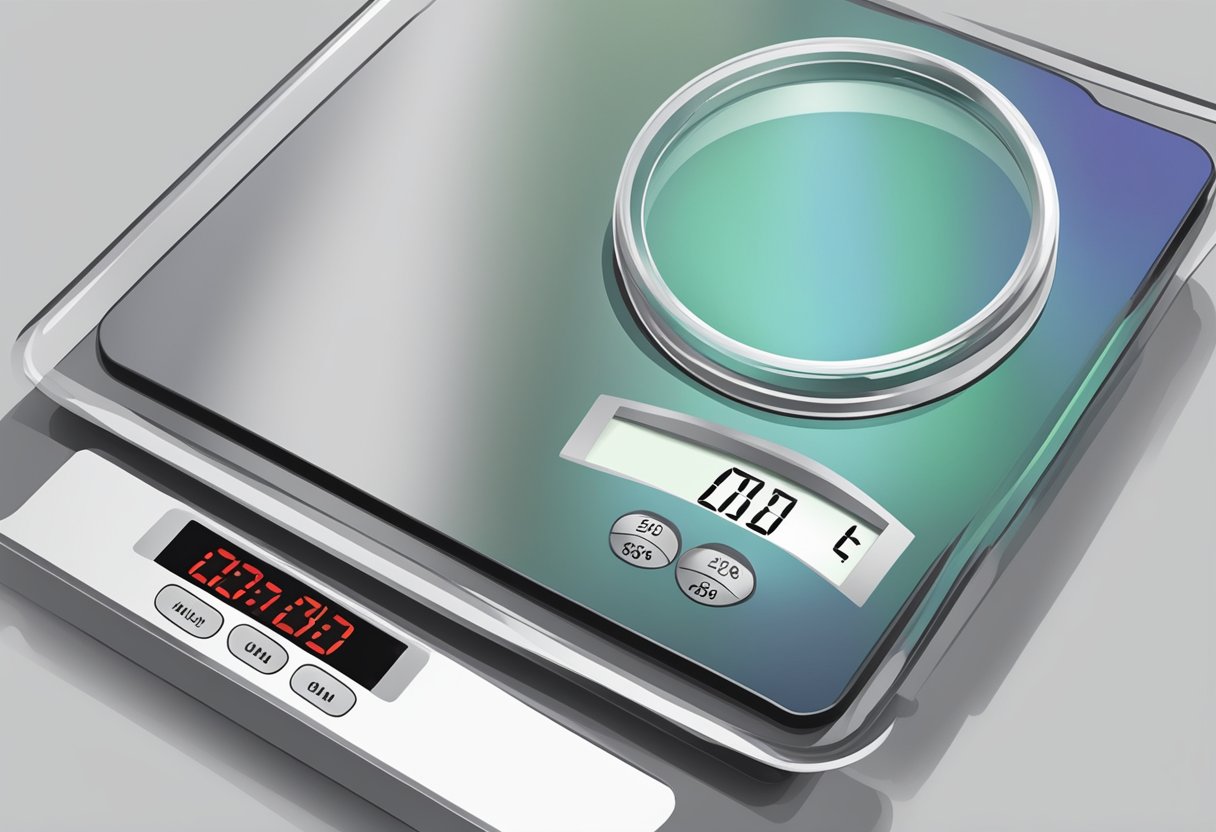 A digital scale displaying the weight of a sweatshirt in pounds