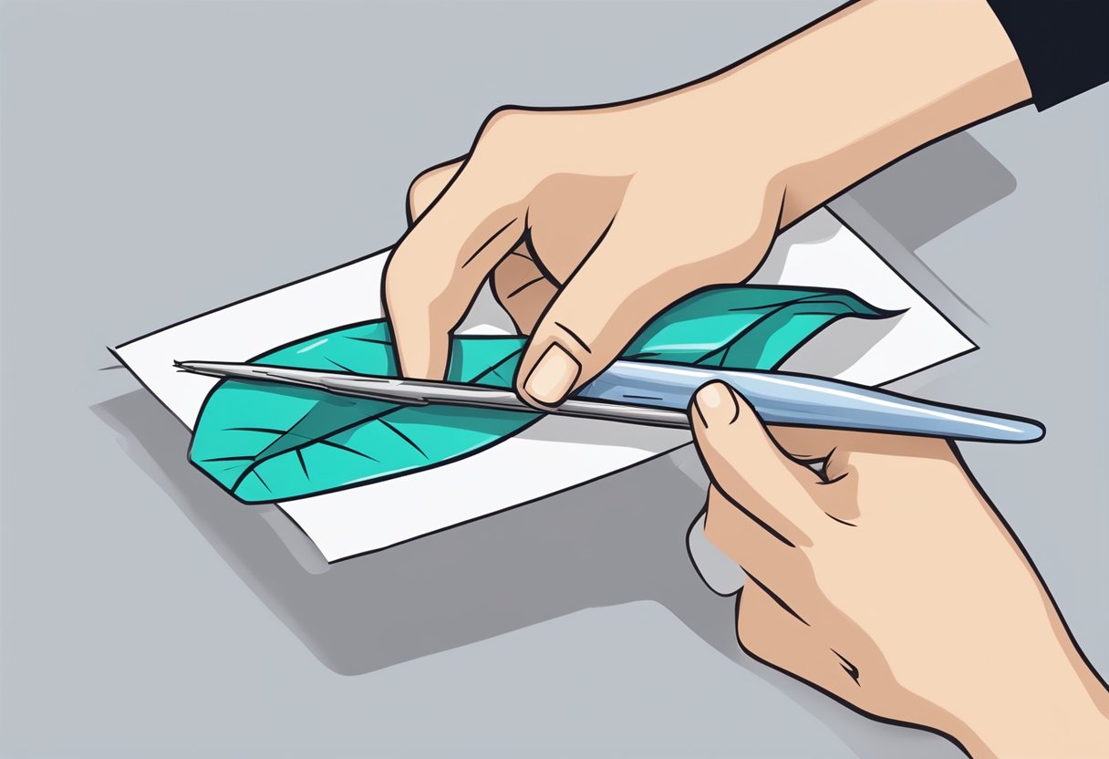 A kiss cut sticker being peeled from its backing sheet by a pair of tweezers, with the sticker design visible and the sheet partially crumpled