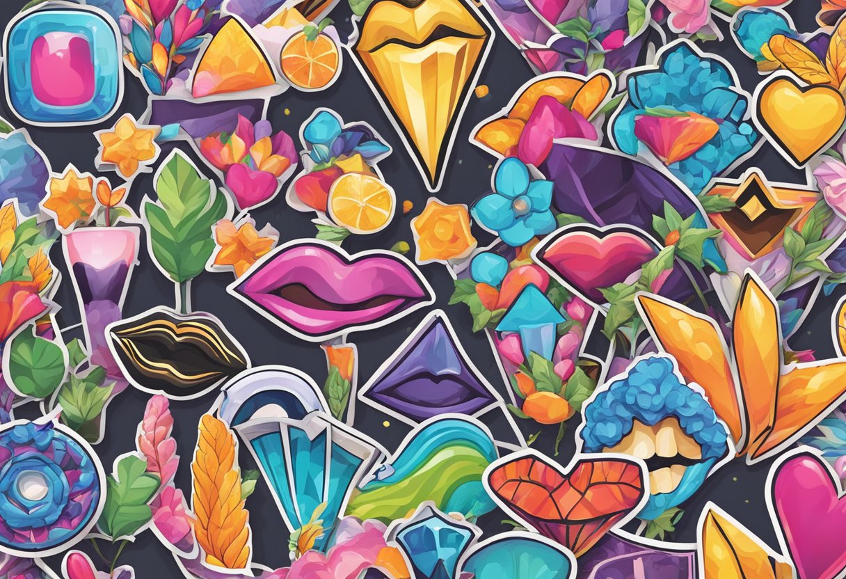 A colorful array of kiss cut stickers arranged in a variety of shapes and sizes, with intricate designs and vibrant colors