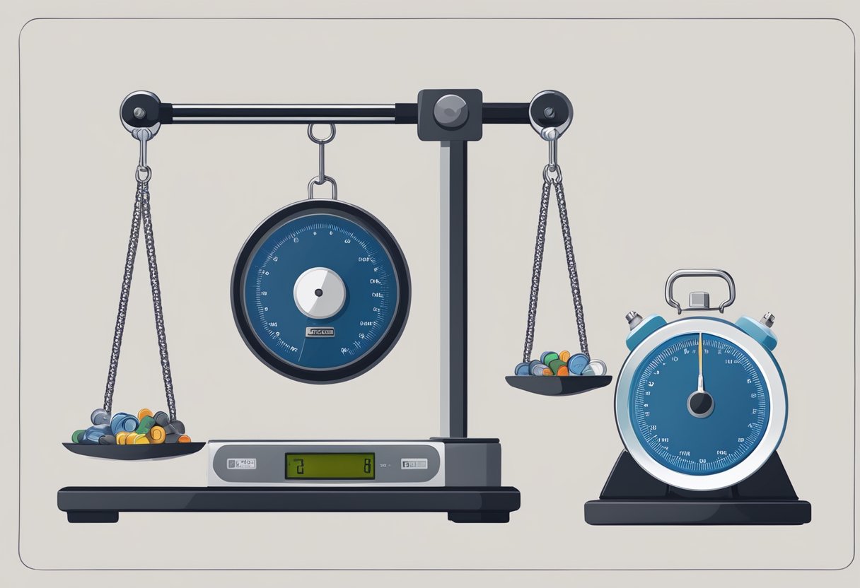 A scale with a sweatshirt on one side and various weights on the other