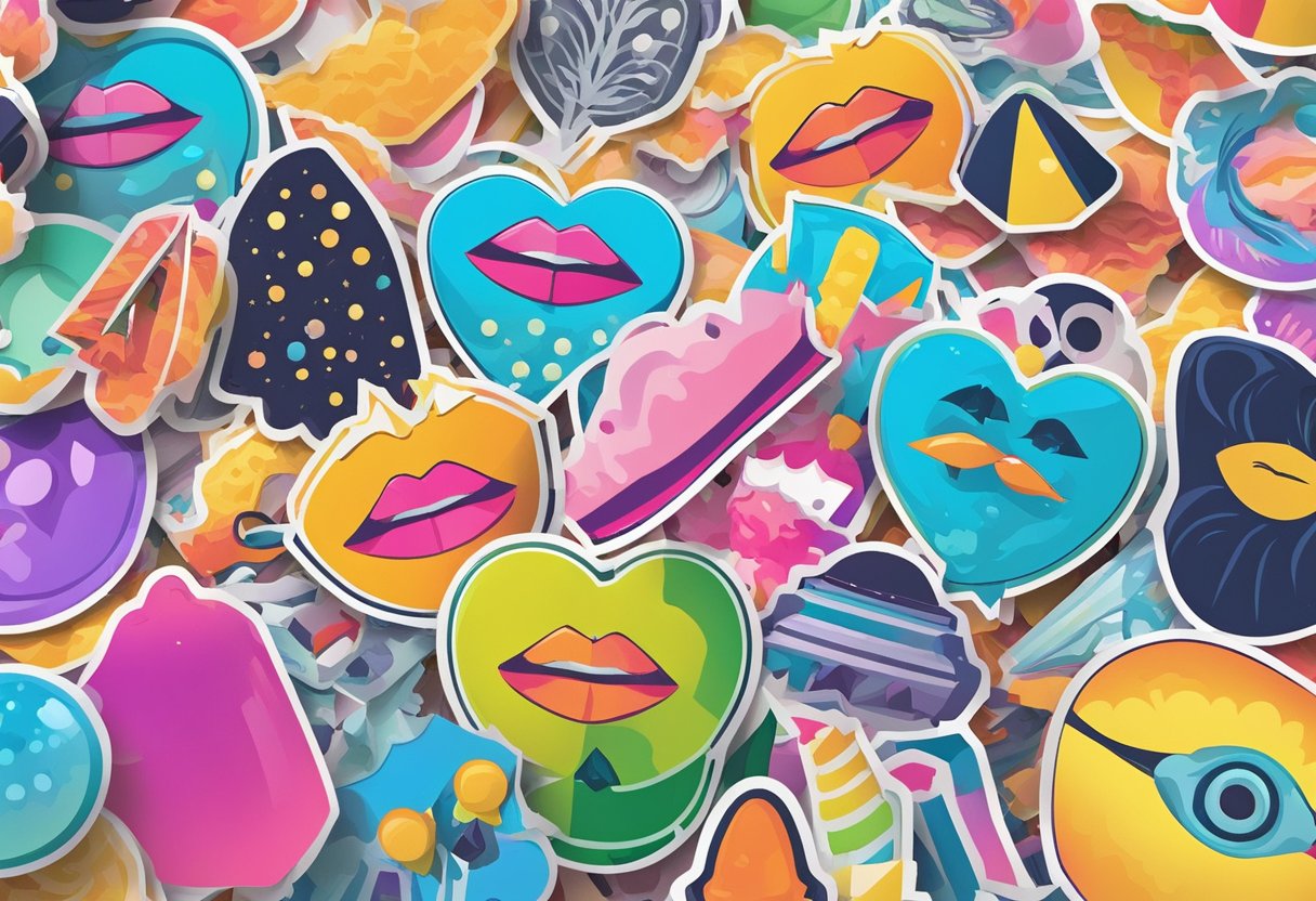 A colorful array of kiss cut stickers scattered on a desk, with various shapes