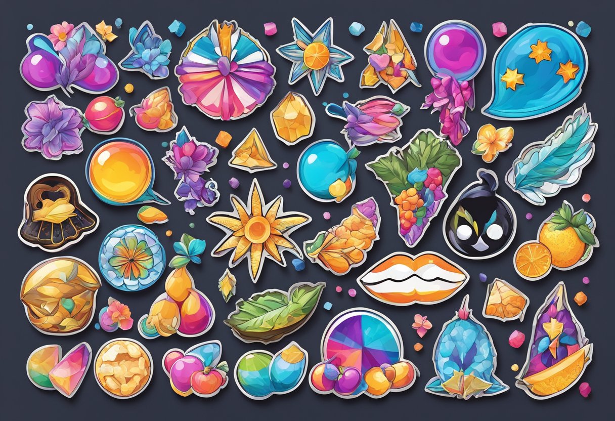 A colorful array of kiss cut stickers arranged on a sheet, with intricate designs and vibrant colors