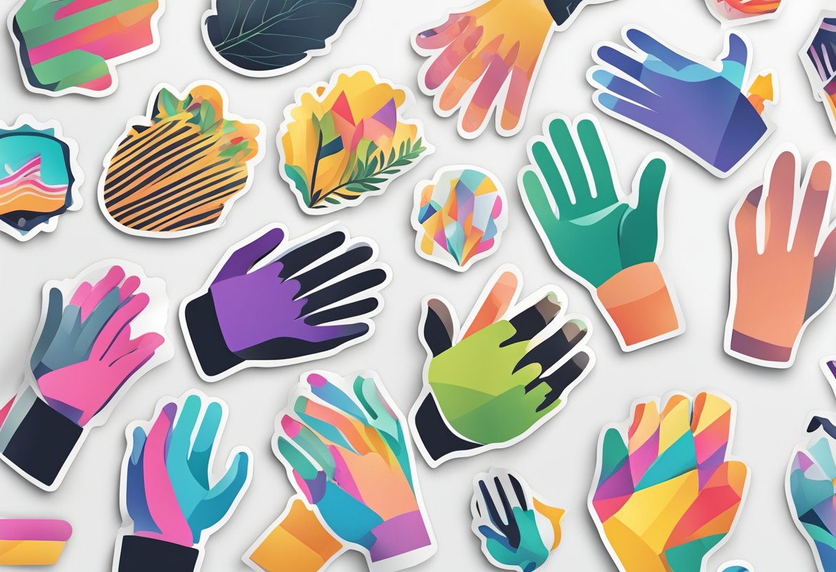 A hand reaching for a sheet of kiss cut stickers, with various designs and shapes arranged neatly on a white background