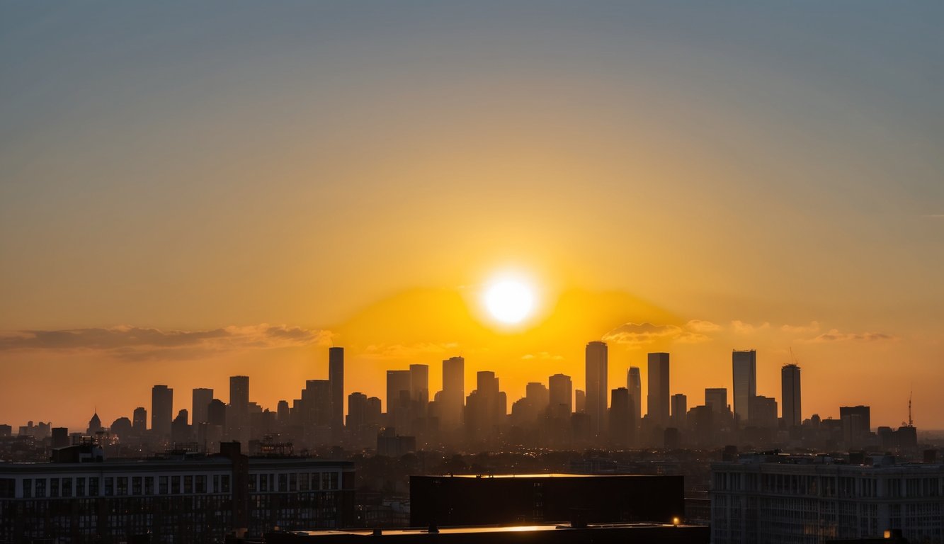 A golden sun rising over a city skyline, casting a warm glow on the buildings and reflecting off the windows