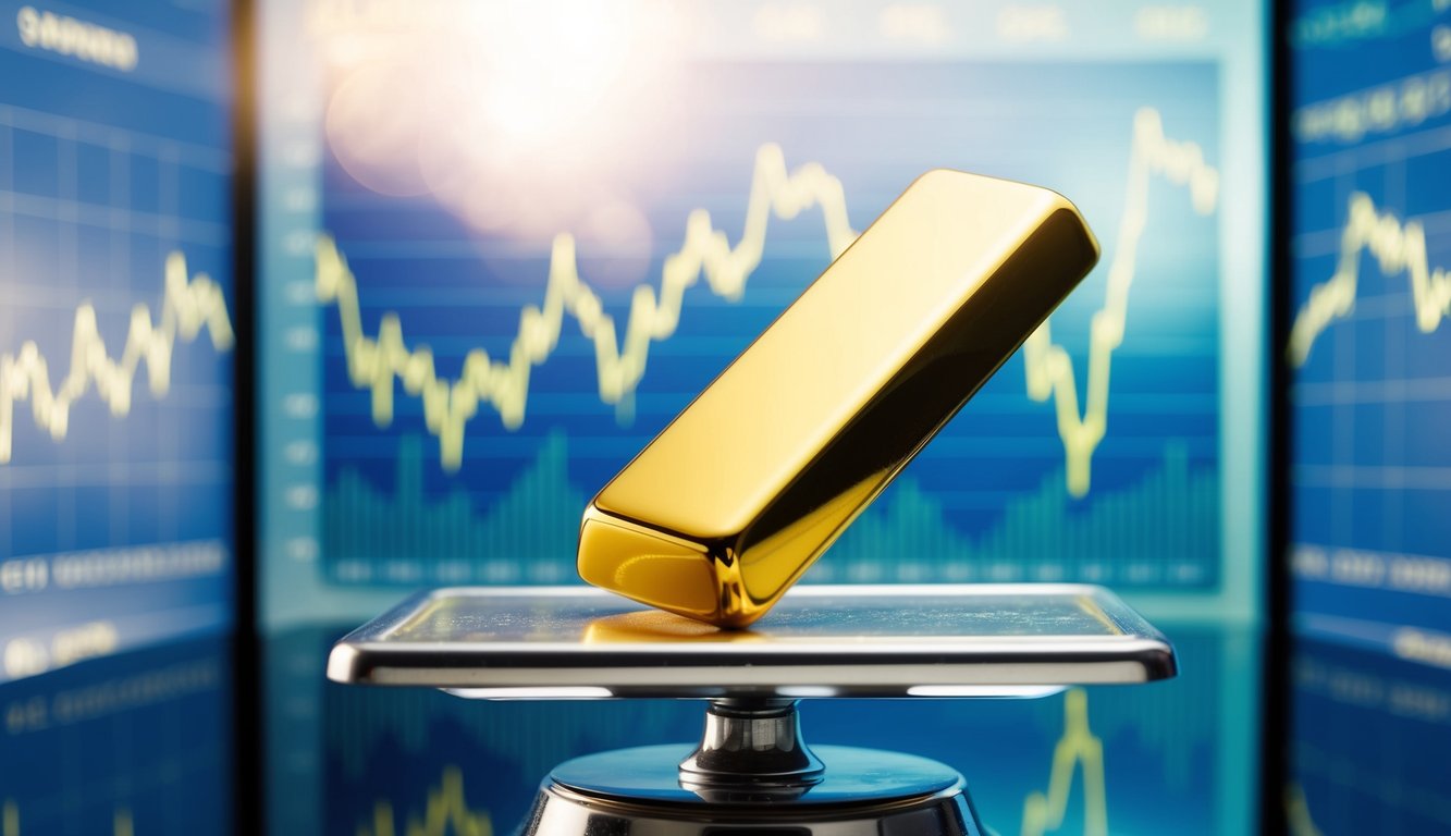 A gleaming gold bar rests on a scale, with fluctuating price charts in the background