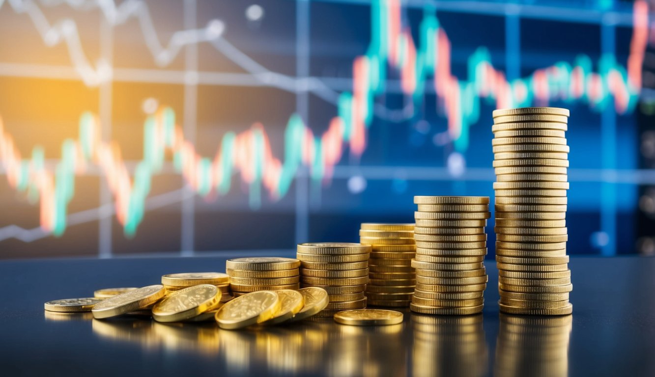 A stack of gold bars and coins arranged on a polished surface, with a fluctuating graph chart in the background