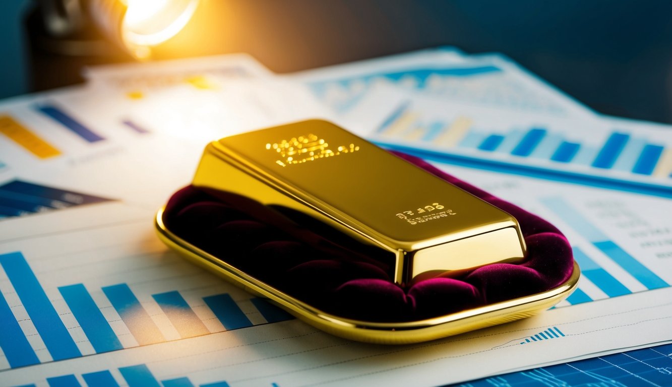 A shining gold bar resting on a velvet cushion, surrounded by financial charts and graphs, with a spotlight highlighting its brilliance