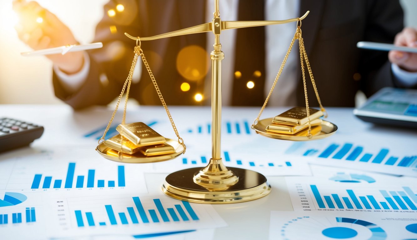 A scale balancing gold bars and various economic indicators, surrounded by fluctuating graphs and charts