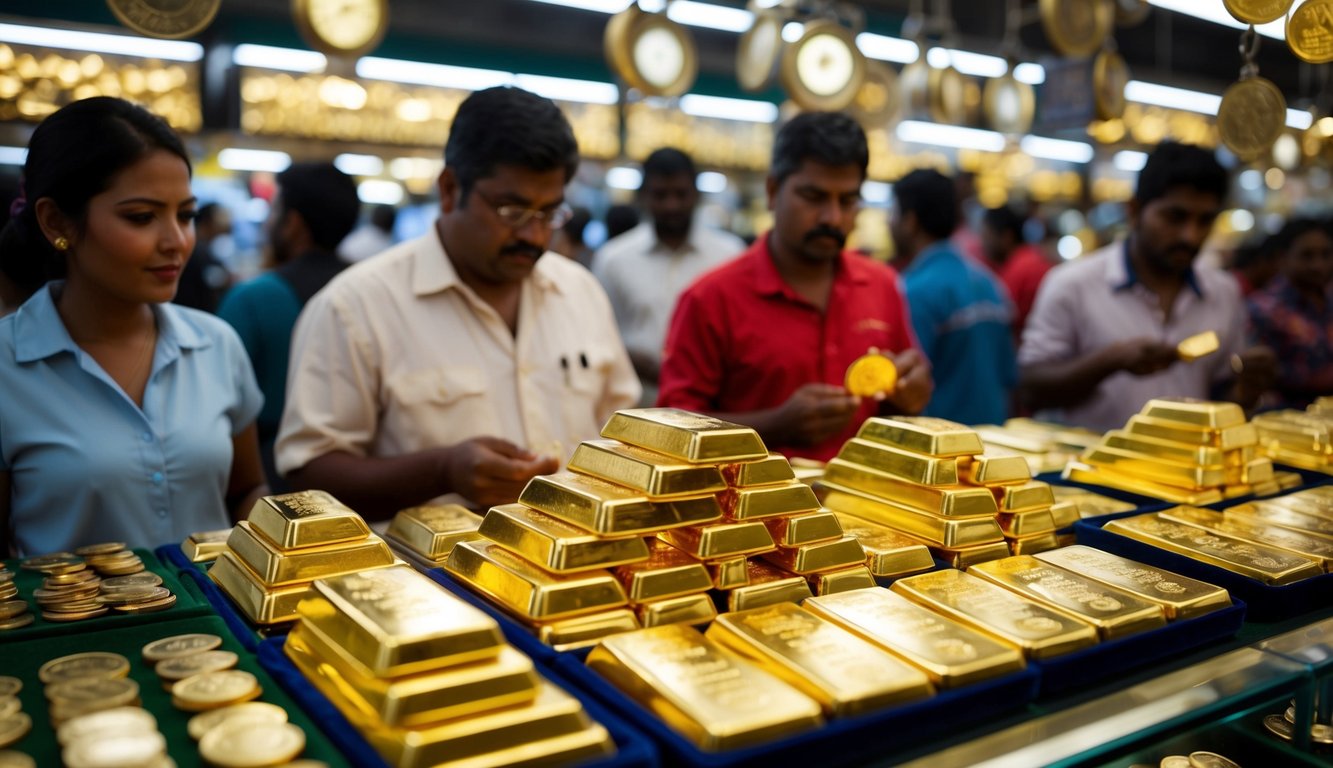 A bustling marketplace with gold bars and coins on display, surrounded by eager buyers and sellers, reflecting the constant flux of supply and demand influencing gold pricing