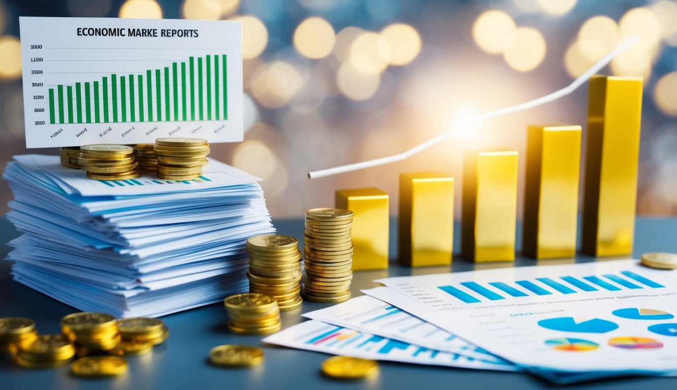 A stack of economic reports, a graph showing fluctuating gold prices, and various global market symbols scattered around