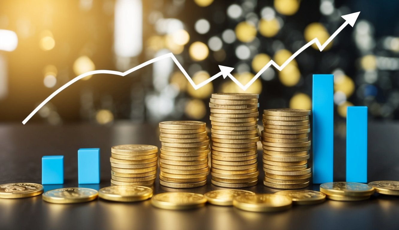 A stack of gold bars and coins surrounded by fluctuating currency symbols and arrows indicating changing market rates