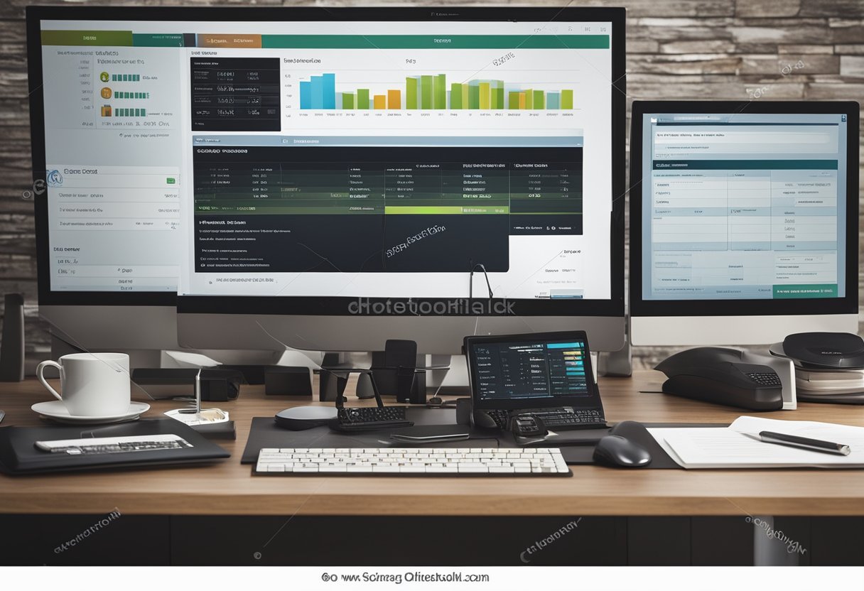 An office desk with a computer monitor displaying loan origination software, surrounded by efficient and organized work tools