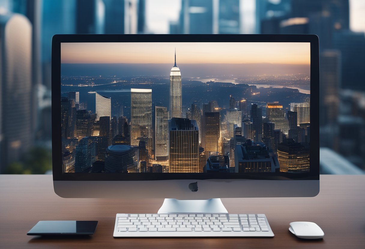 A modern cityscape with skyscrapers and residential buildings, with a focus on a sleek and futuristic loan origination software interface displayed on a computer screen