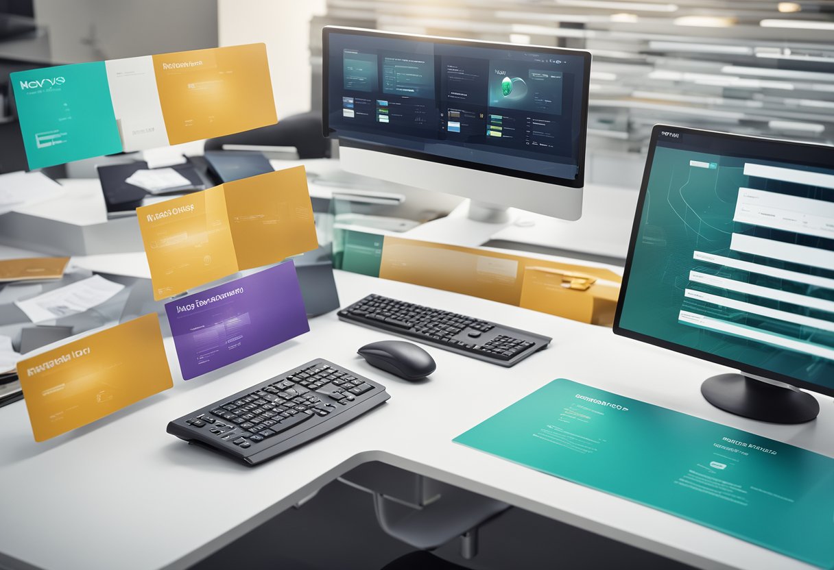 A modern office desk with a computer screen displaying the Nexys software interface, surrounded by paperwork and a sleek, professional atmosphere