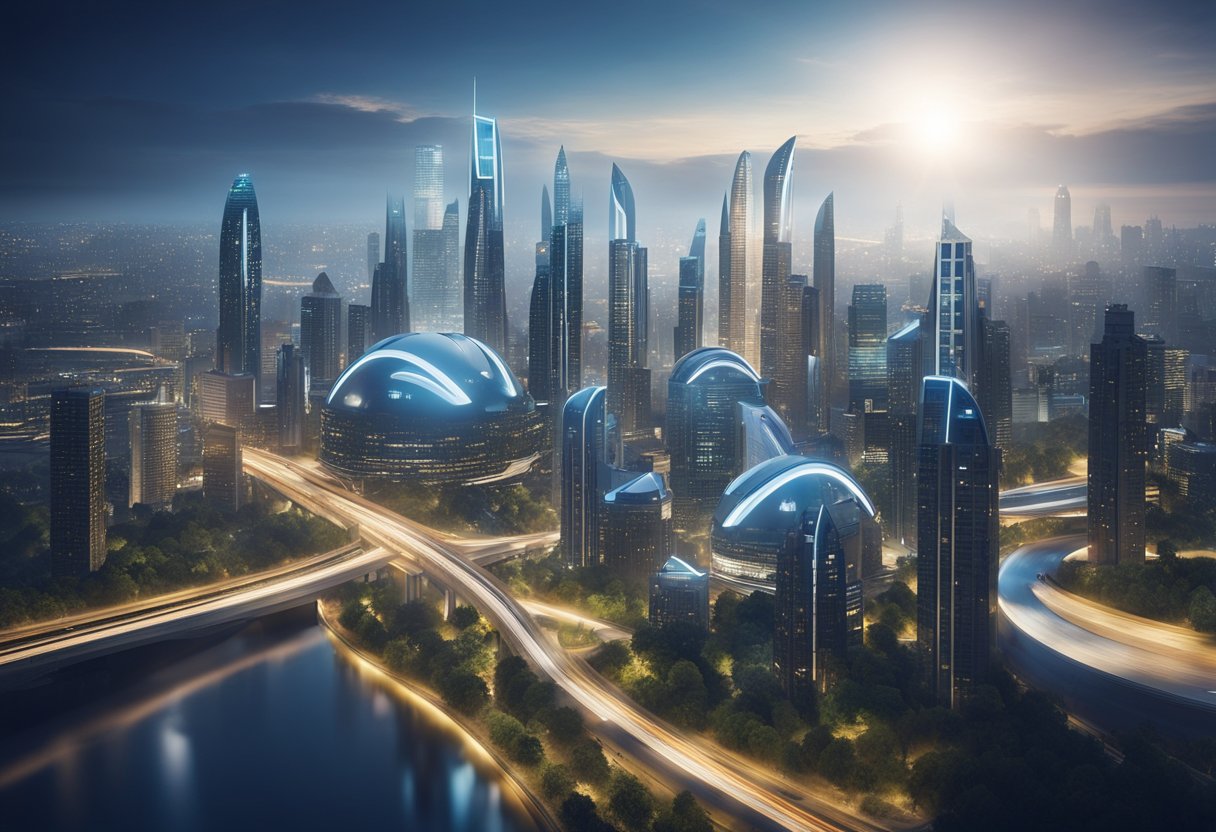 A futuristic city skyline with sleek, high-tech buildings and advanced infrastructure, showcasing the cutting-edge technology and innovation of Nextres loan origination