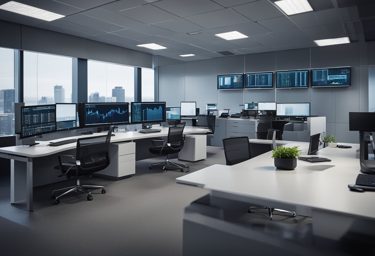 A sleek, modern office setting with a computer screen displaying a complex loan origination system. Multiple monitors and high-tech equipment indicate precision and innovation