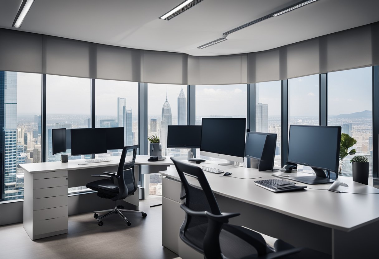 A sleek, modern office space with a panoramic view of the city skyline. A computer with a sophisticated loan origination system on the desk