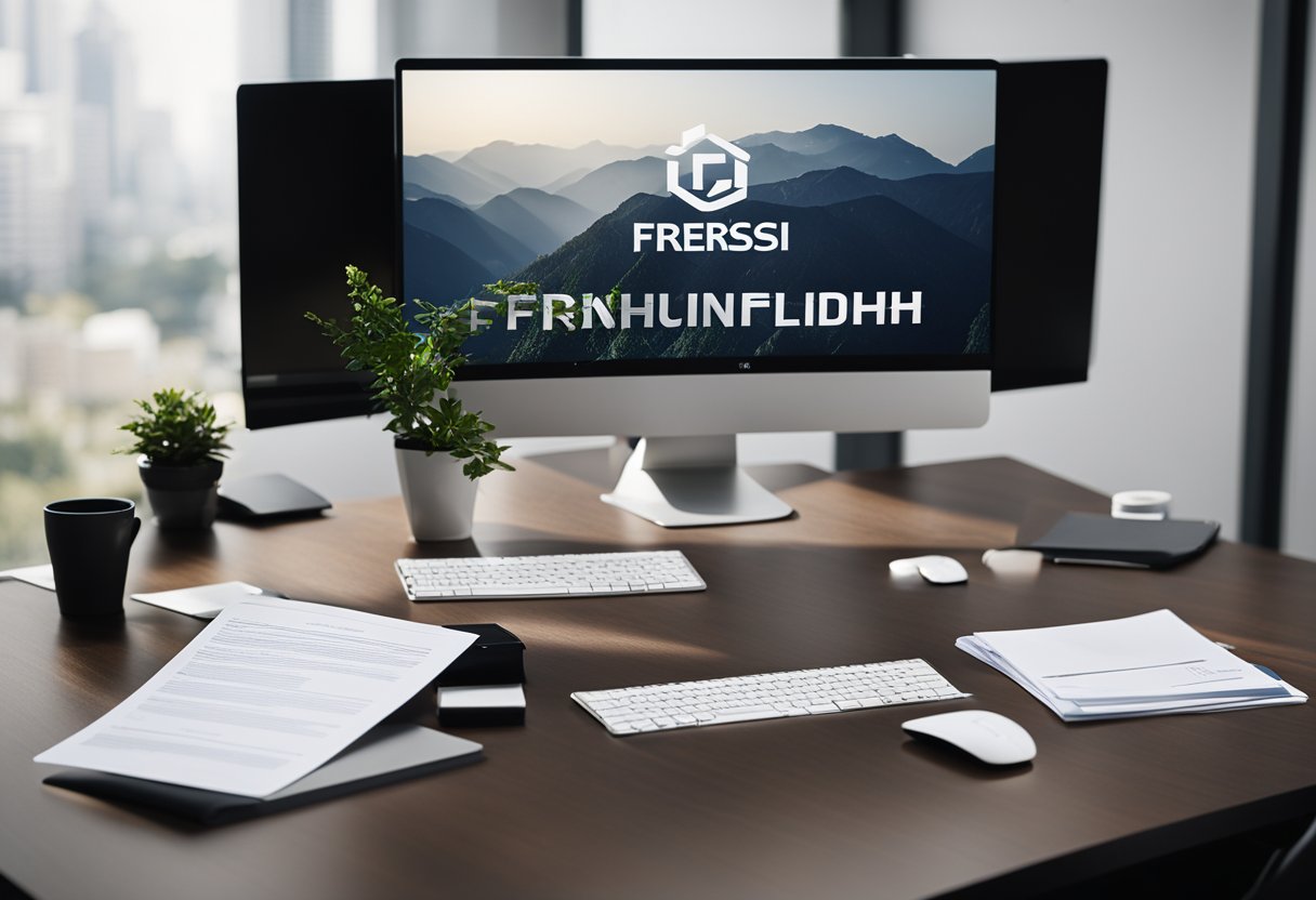 A modern office desk with a sleek computer monitor displaying the Finresi logo. A stack of papers and a pen sit neatly beside the screen