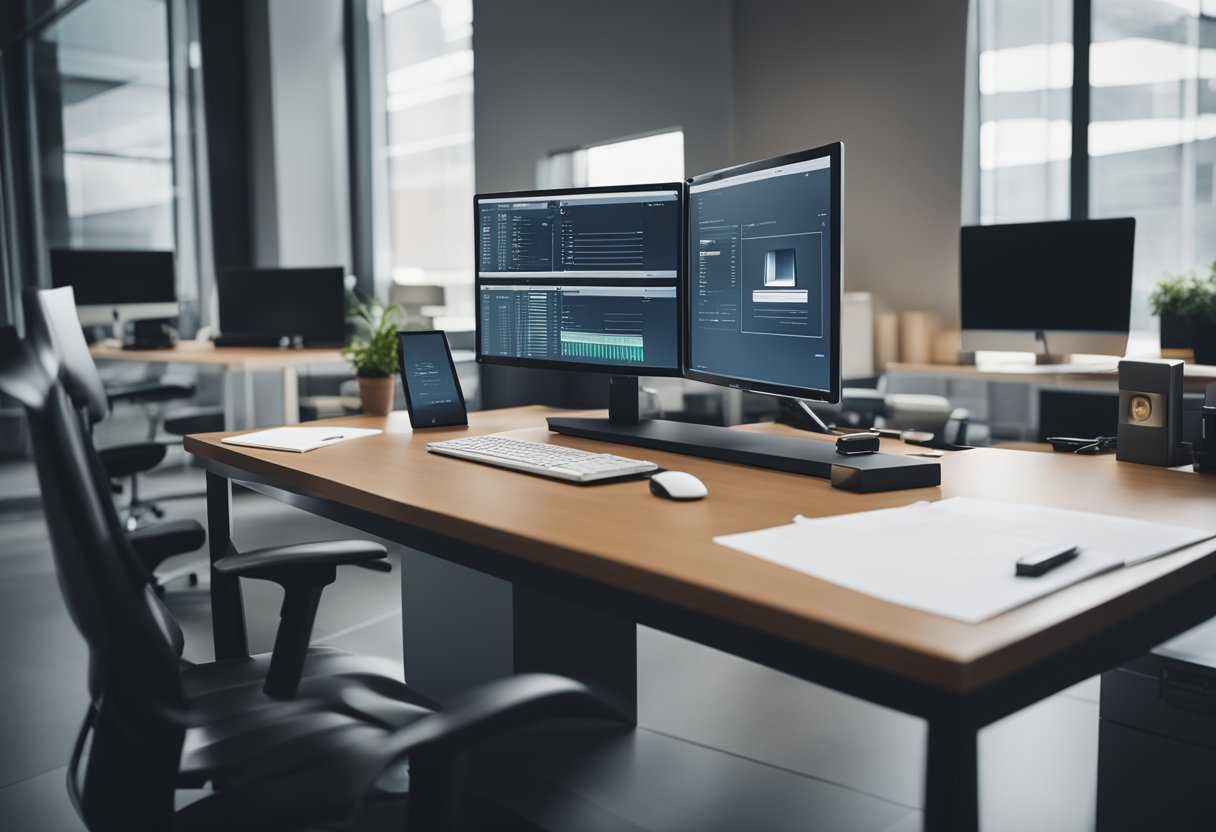 A modern office desk with a computer, paperwork, and a sleek loan origination system interface on the screen